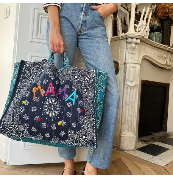 Grand sac cabas matelass 100 coton bleu marine et p trole MAMA