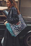 Quilted Medium Cabas Tote - LOVE - Navy / Petrol